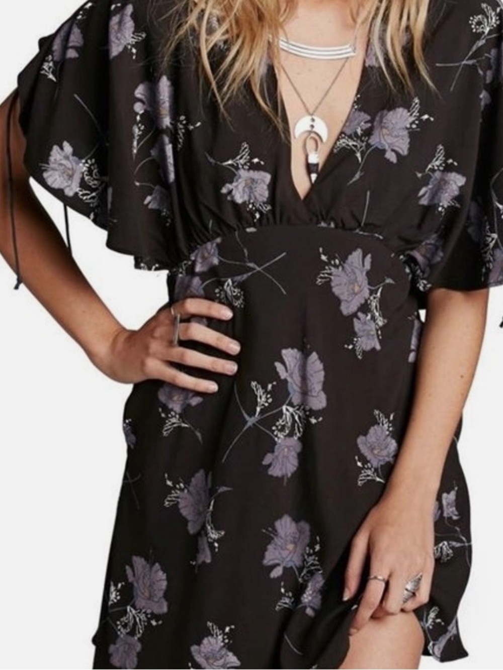 Free People Women's Melanie Night Combo Black Purple Floral V-Neck Mini Dress